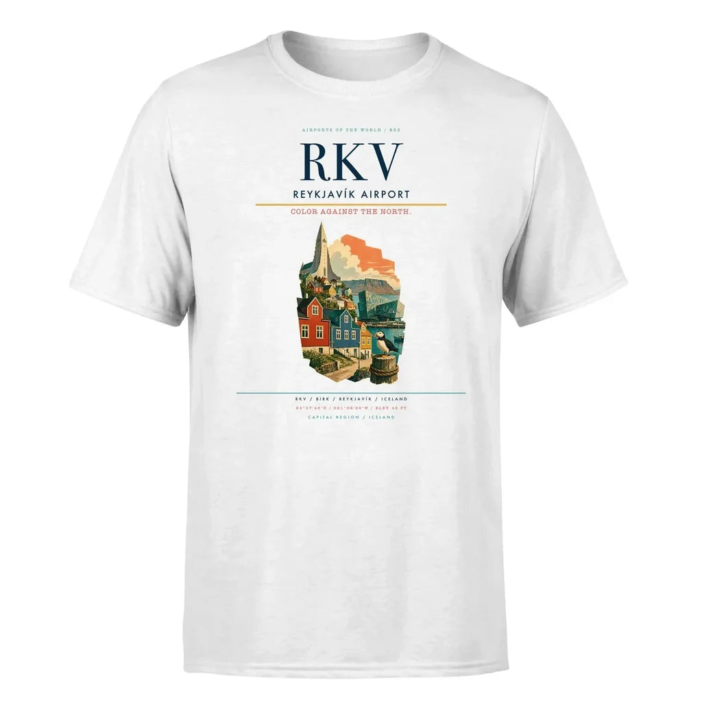 Reykjavík Airport (RKV) T-Shirt single-side front print in White | reykjavík-airport-rkv-double-side-t-shirt