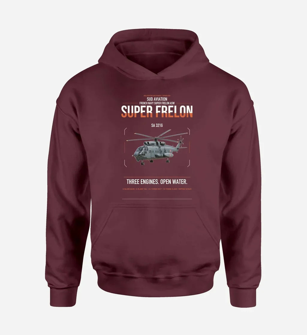 Sud Aviation SA 321G Super Frelon design on dark red double-side hoodie, single-side print