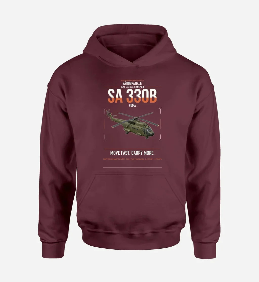 Aérospatiale SA 330B Puma design on dark red double-side hoodie, single-side print