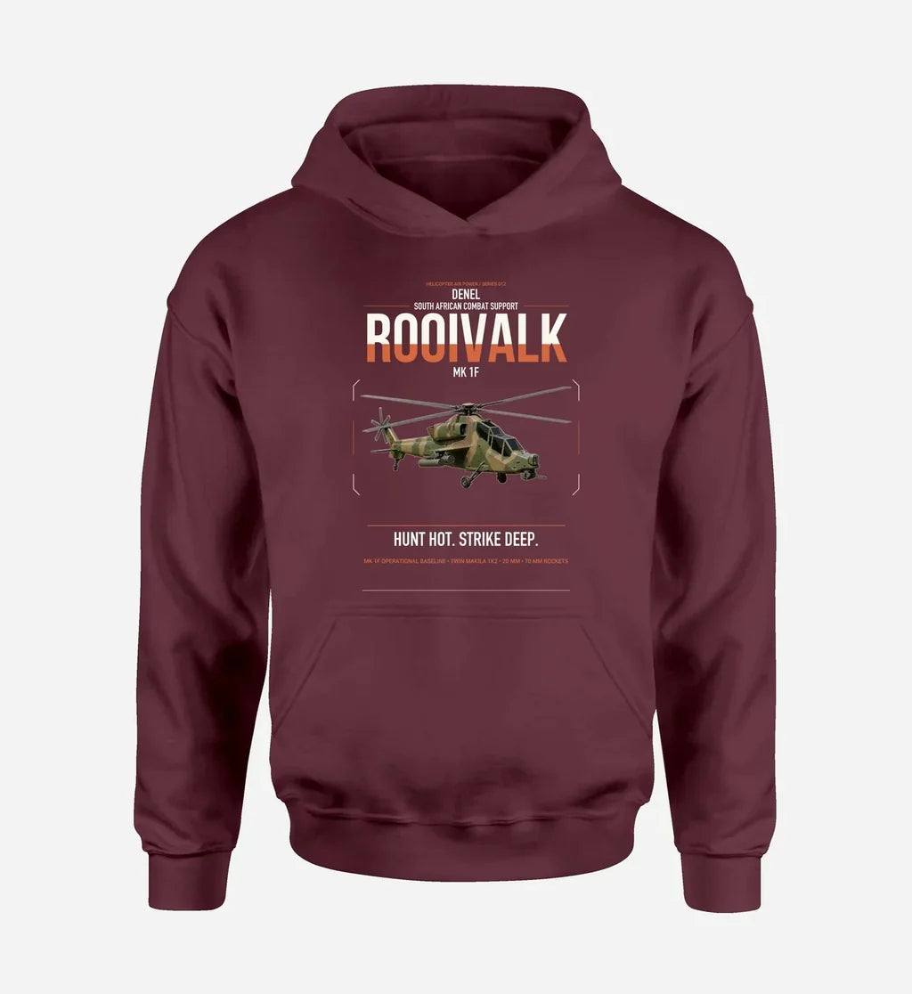 Denel Rooivalk Mk 1F design on dark red double-side hoodie, single-side print