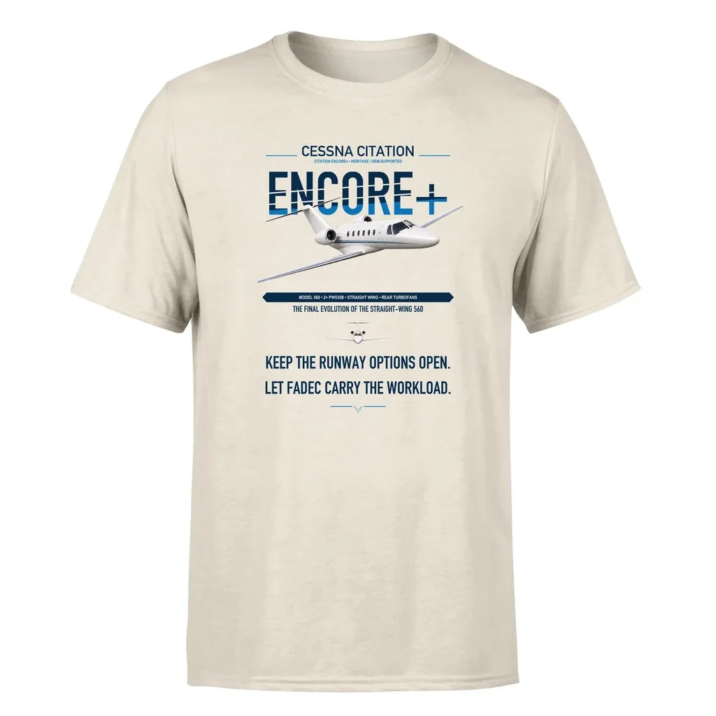 Cessna Citation Encore+ design on beige double-side t-shirt, single-side print