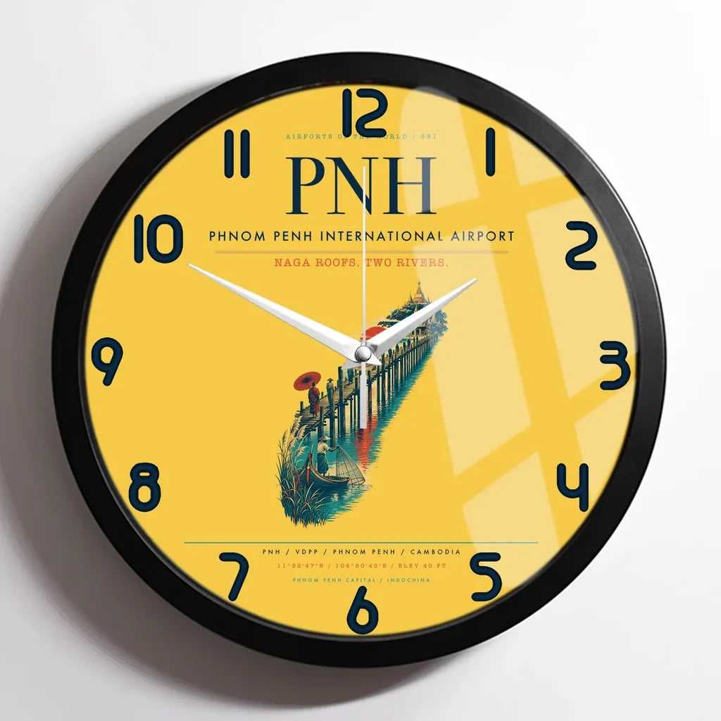 Phnom Penh International Airport (PNH) design on yellow framed wall clock