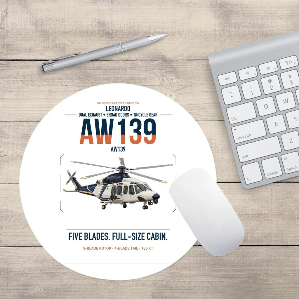 Leonardo AW139 design on white round mouse pad