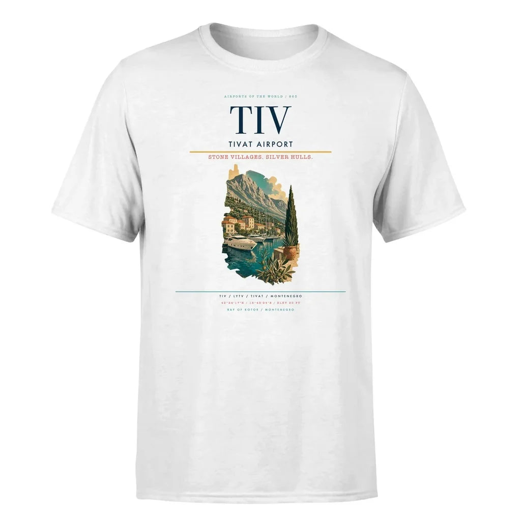 Tivat Airport (TIV) T-Shirt single-side front print in White | tivat-airport-tiv-double-side-t-shirt