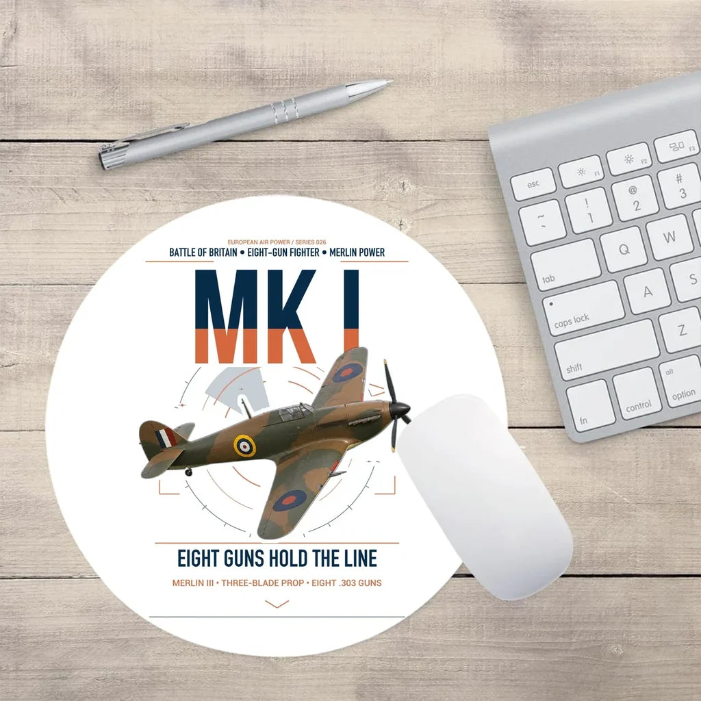 Hawker Hurricane Mk I design on white round mouse pad