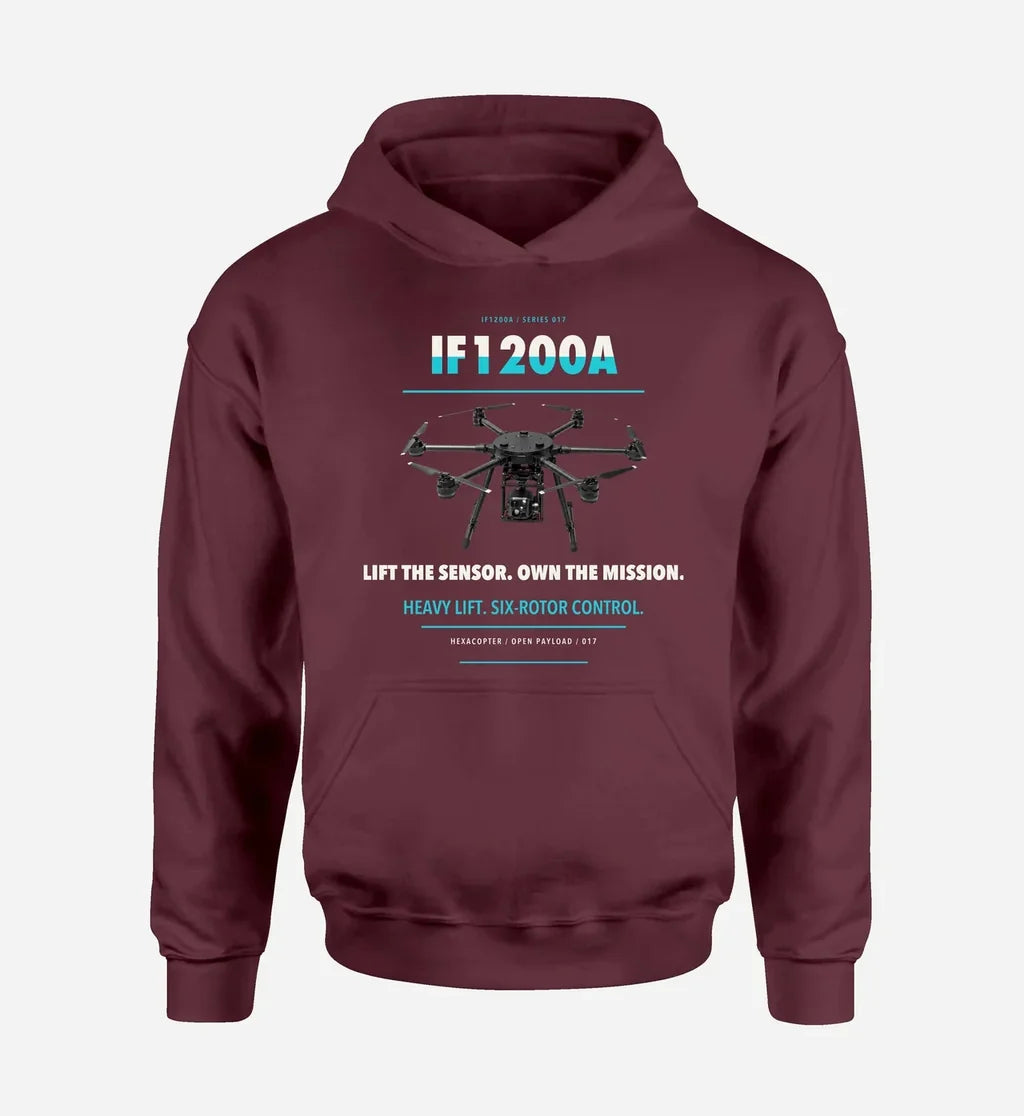 Inspired Flight IF1200A design on dark red hoodie single side