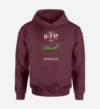 Thumbnail for Piasecki H-21C Shawnee design on dark red double-side hoodie, single-side print