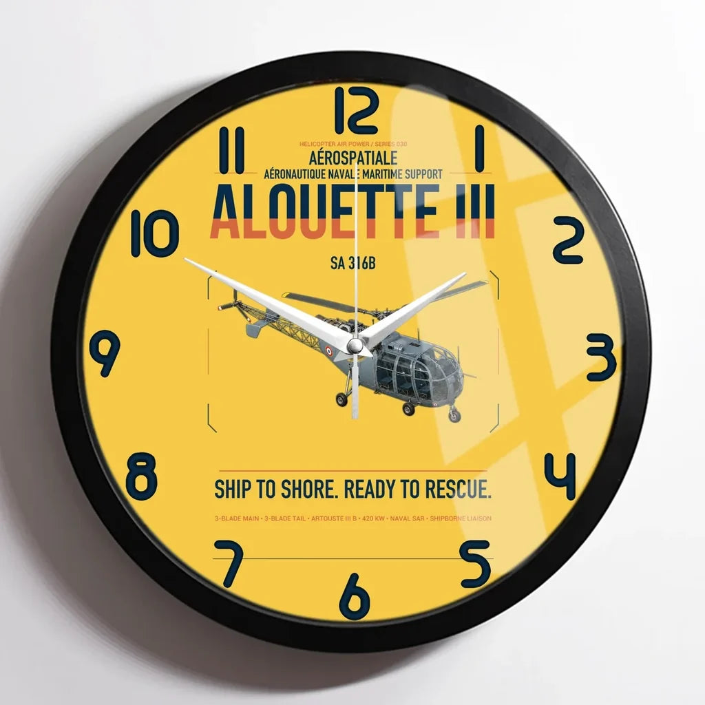 Aérospatiale SA 316B Alouette III design on yellow framed wall clock