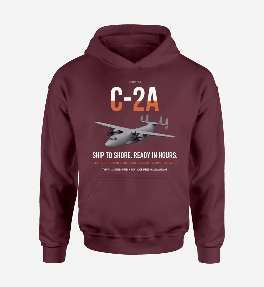 C-2A Greyhound design on dark red double-side hoodie, single-side print