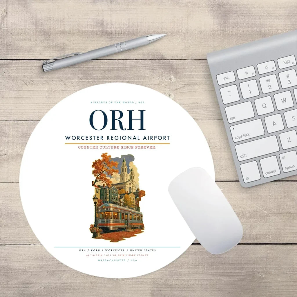 Worcester Regional Airport (ORH) design on white round mouse pad