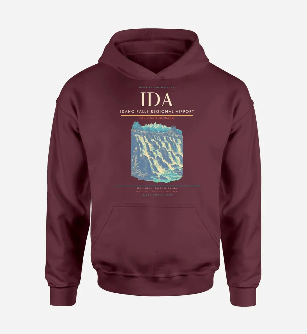 Idaho Falls Regional Airport (IDA) design on dark red hoodie single-side print