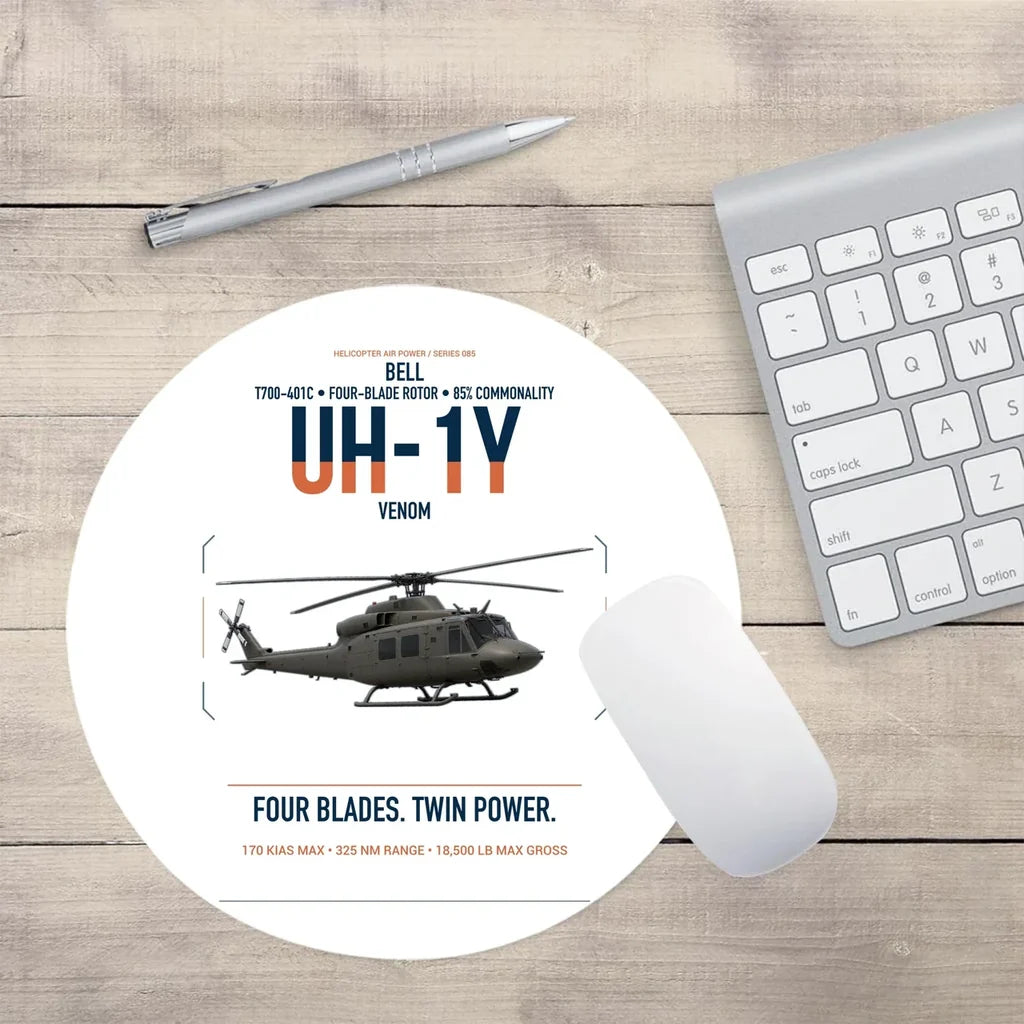 Bell UH-1Y Venom design on white round mouse pad