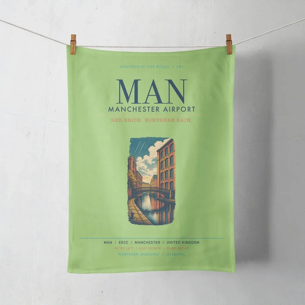 Manchester Airport (MAN) design on light green towel