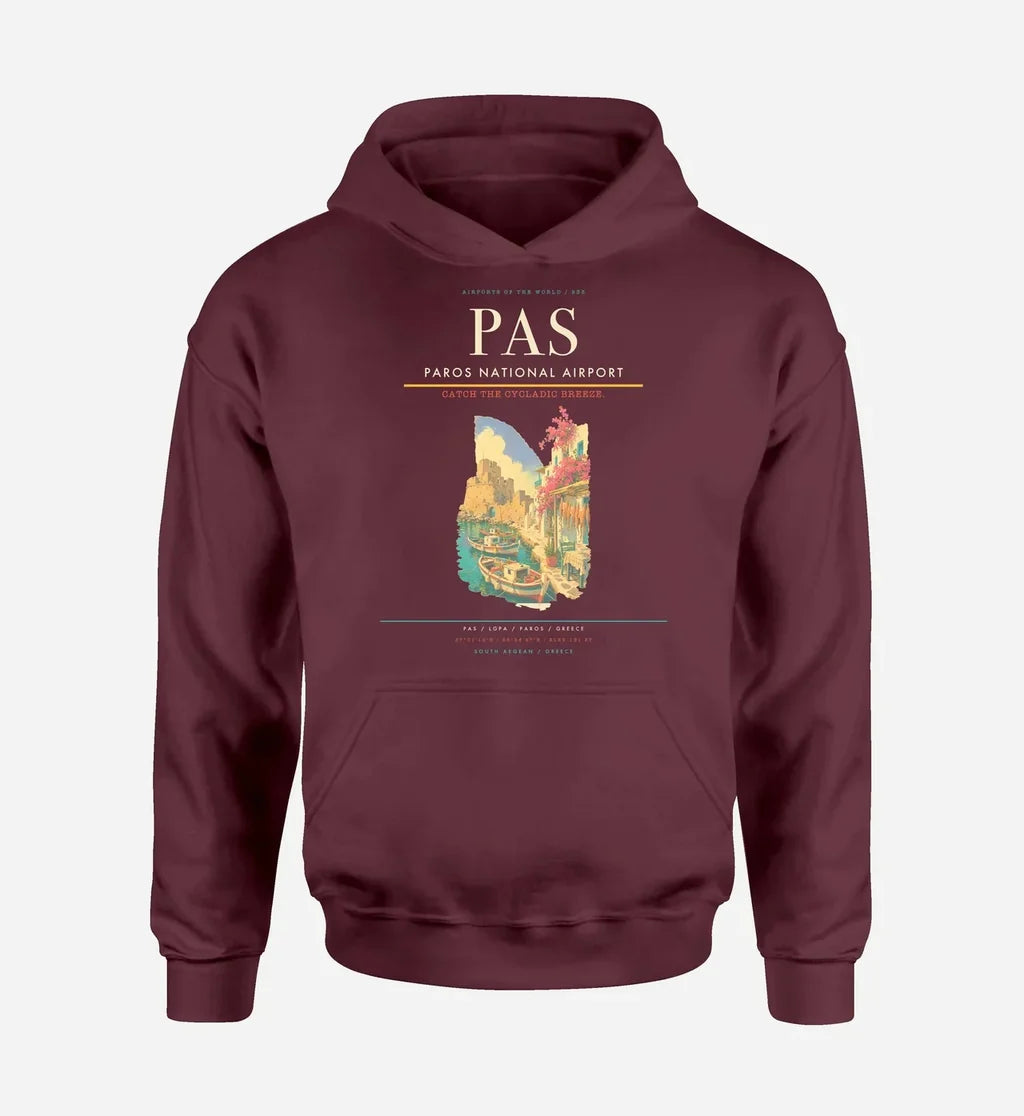 Paros National Airport (PAS) design on dark red hoodie single-side print