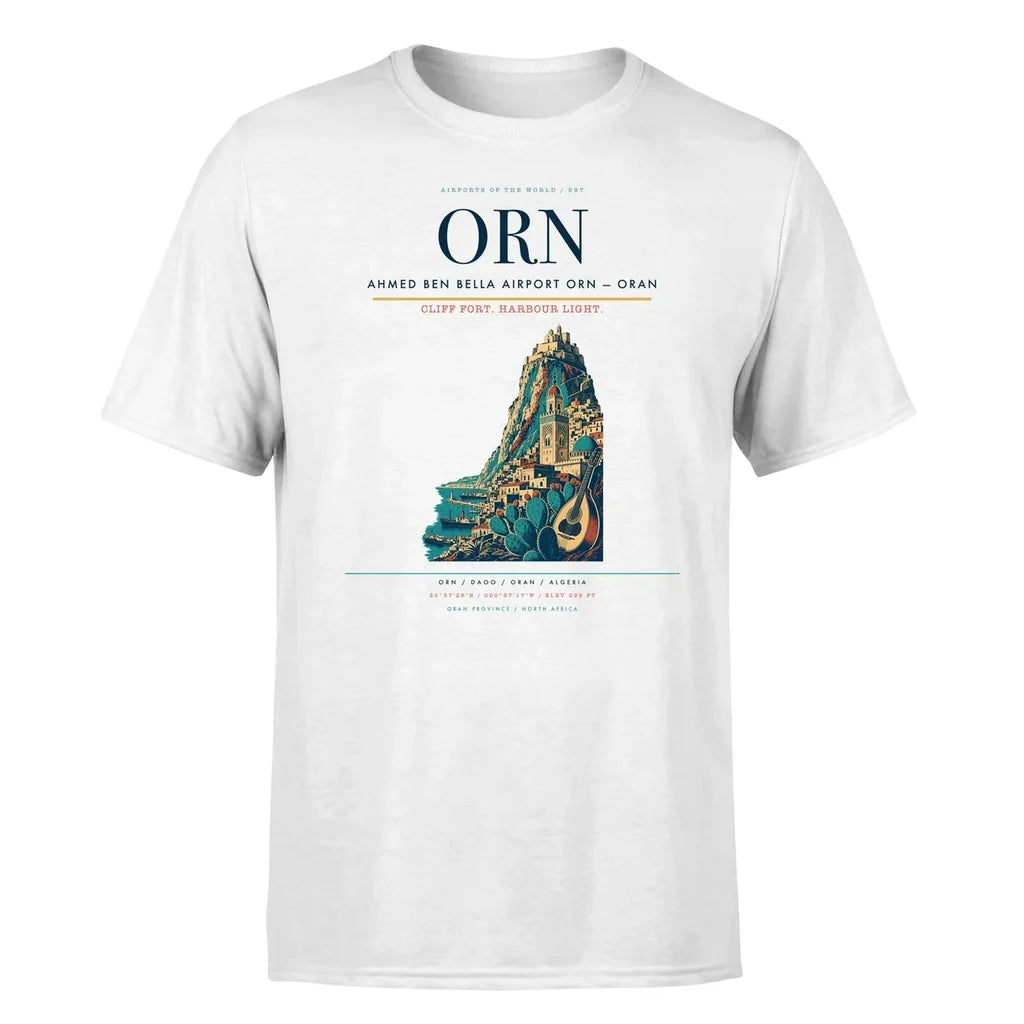 Ahmed Ben Bella Airport (ORN) T-Shirt single-side front print in White | ahmed-ben-bella-airport-orn-double-side-t-shirt