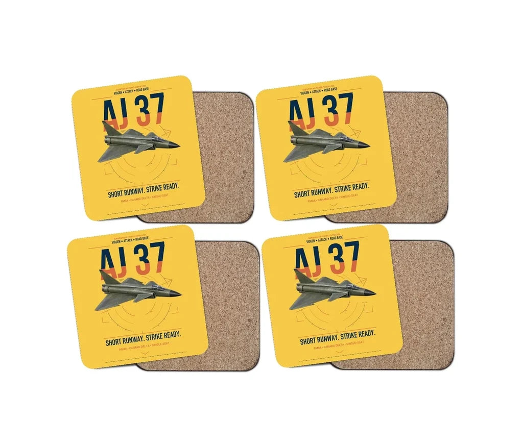 Saab AJ 37 Viggen design on yellow 4 pieces set coaster