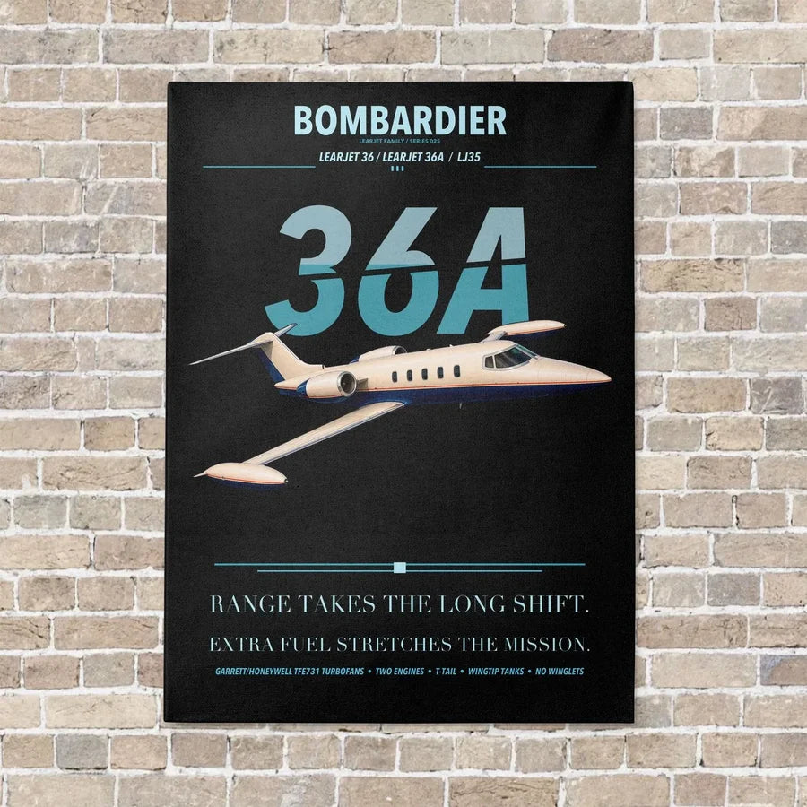 Bombardier Learjet 36A vertical canvas print - no frame - black background