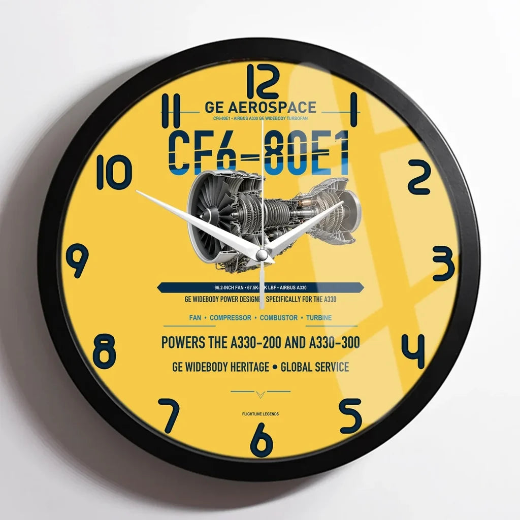CF6-80E1 design on yellow framed wall clock