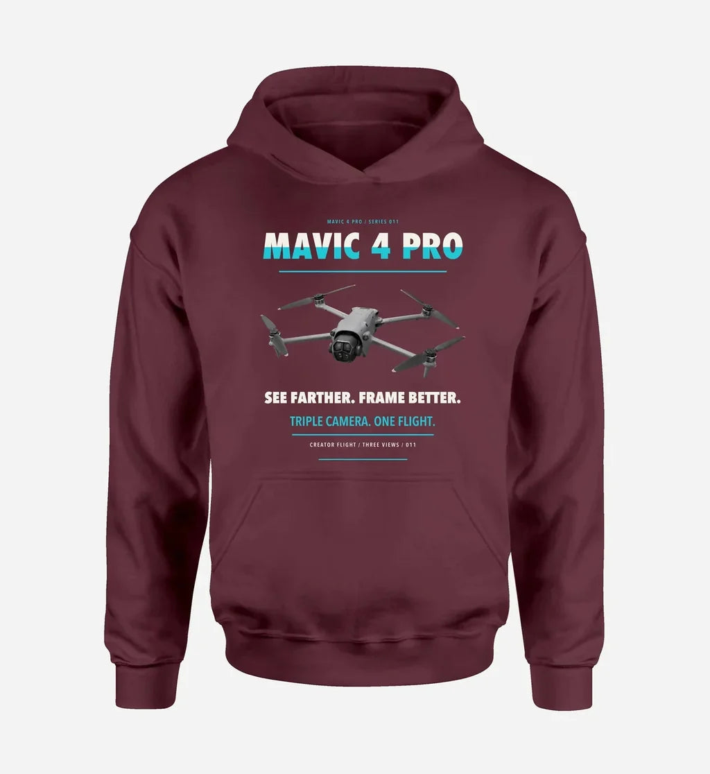DJI Mavic 4 Pro design on dark red hoodie single side