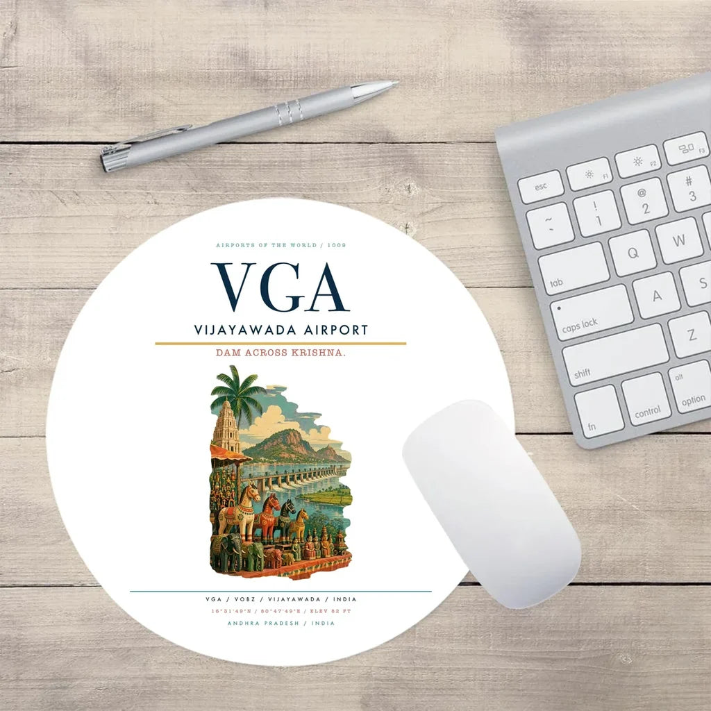 Vijayawada Airport (VGA) design on white round mouse pad