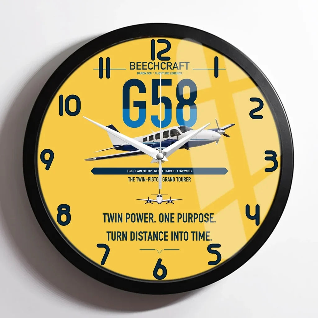 Beechcraft Baron G58 design on yellow framed wall clock