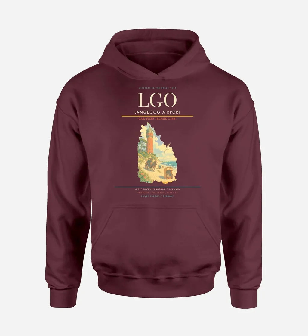 Langeoog Airport (LGO) design on dark red hoodie single-side print
