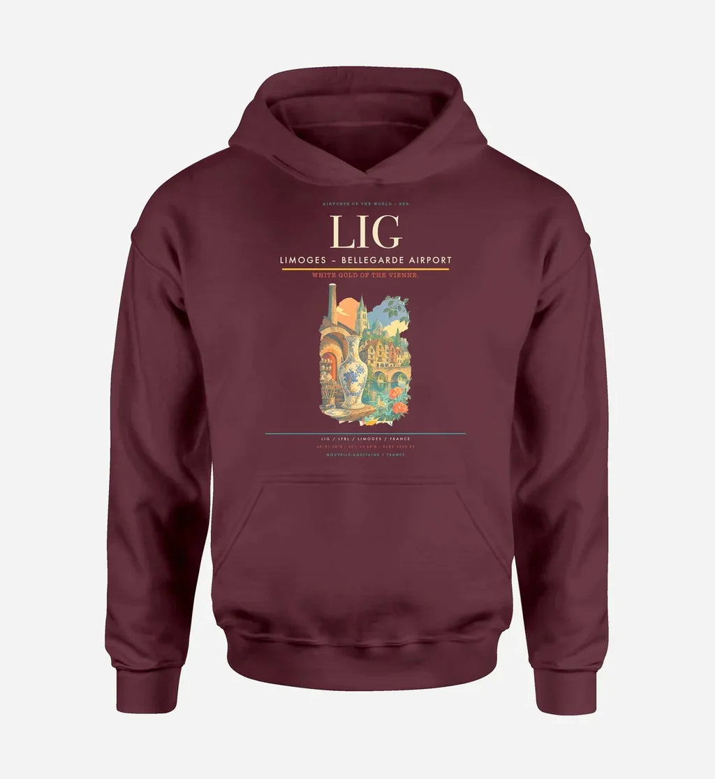 Limoges – Bellegarde Airport (LIG) design on dark red hoodie single-side print