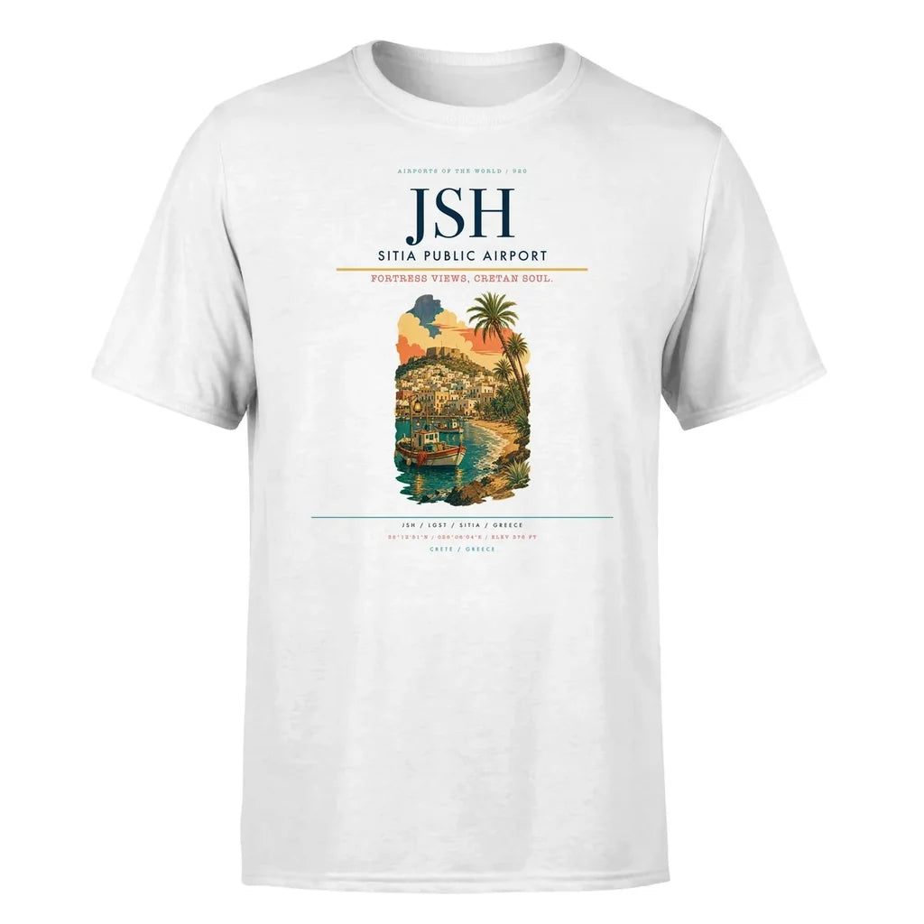 Sitia Public Airport (JSH) T-Shirt single-side front print in White | sitia-public-airport-jsh-double-side-t-shirt