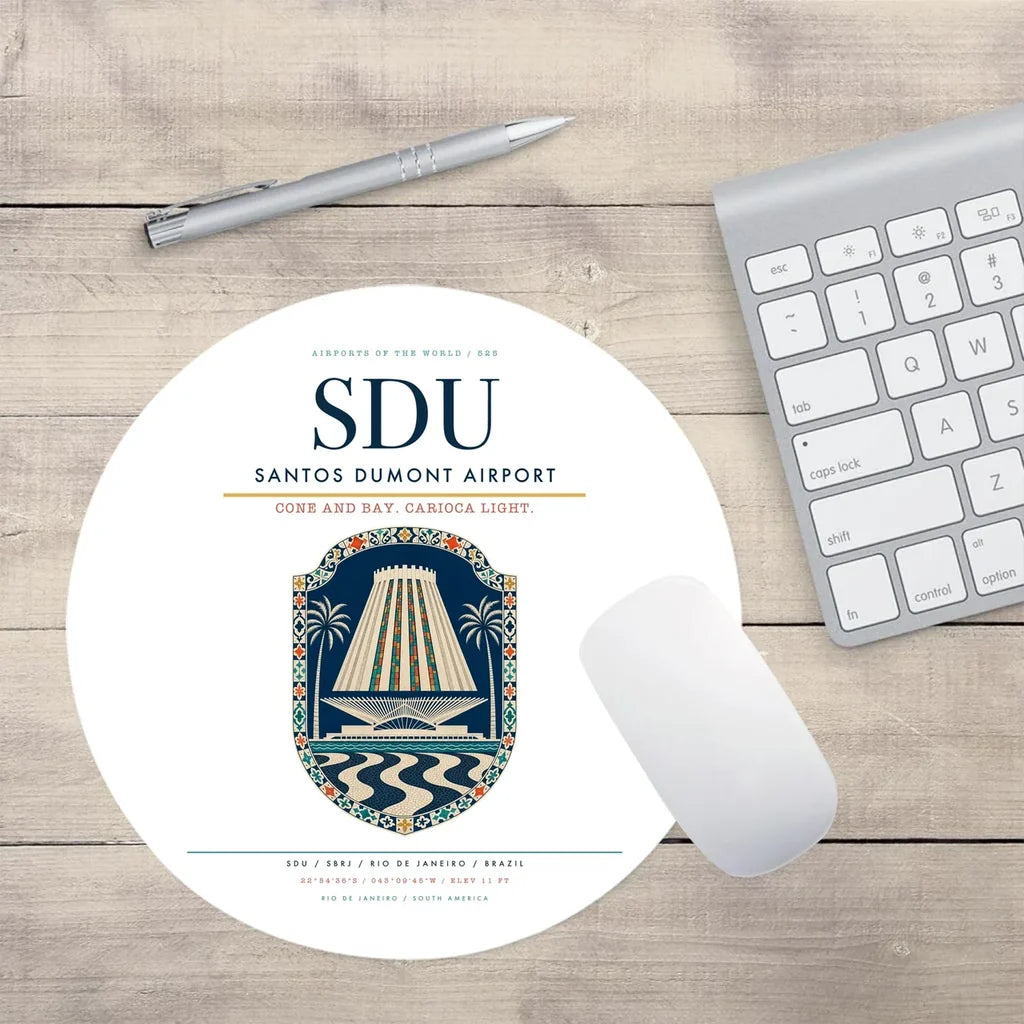 Santos Dumont Airport (SDU) design on white round mouse pad
