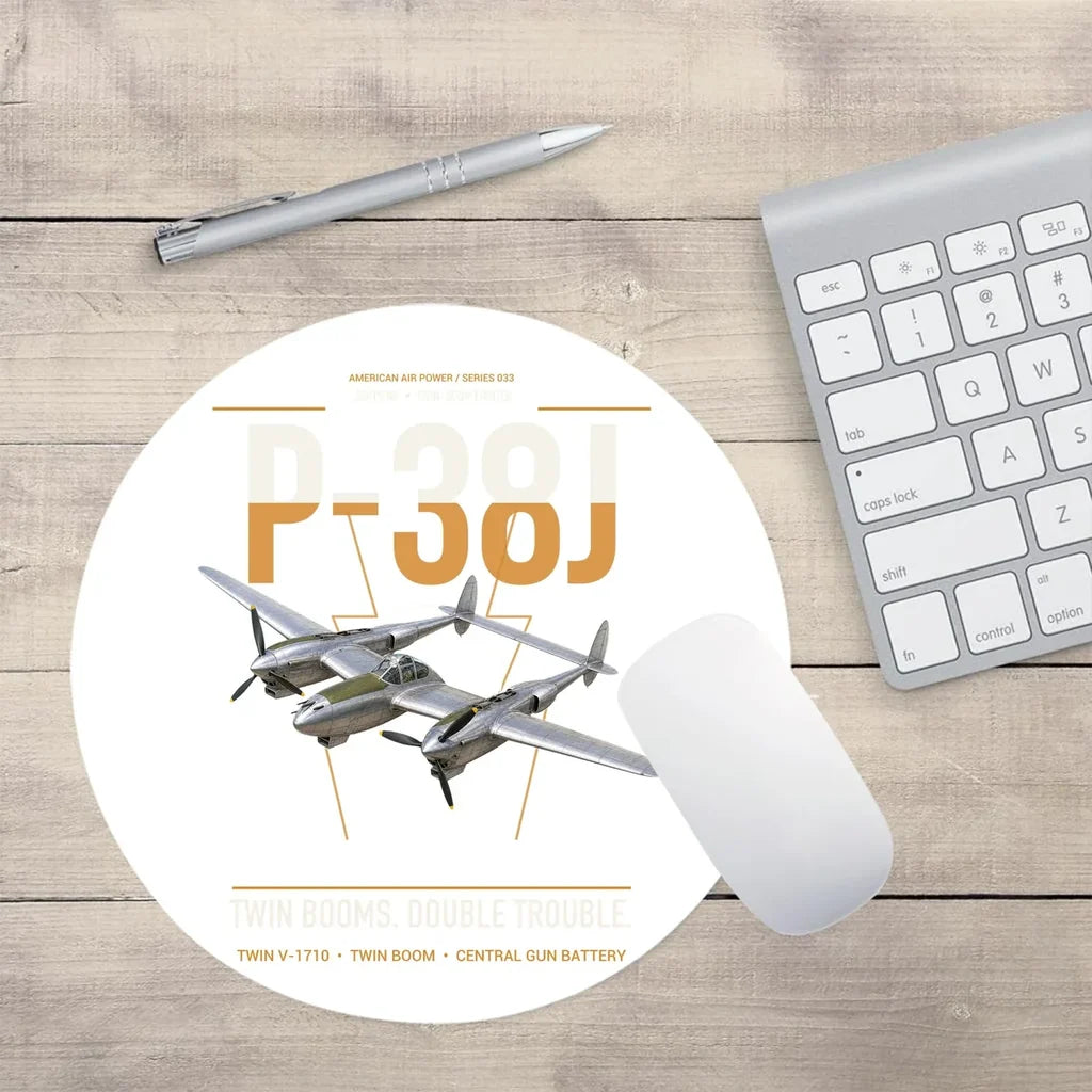 P-38J Lightning design on white round mouse pad