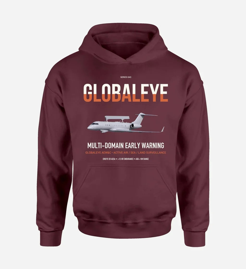 Saab GlobalEye design on dark red double-side hoodie, single-side print
