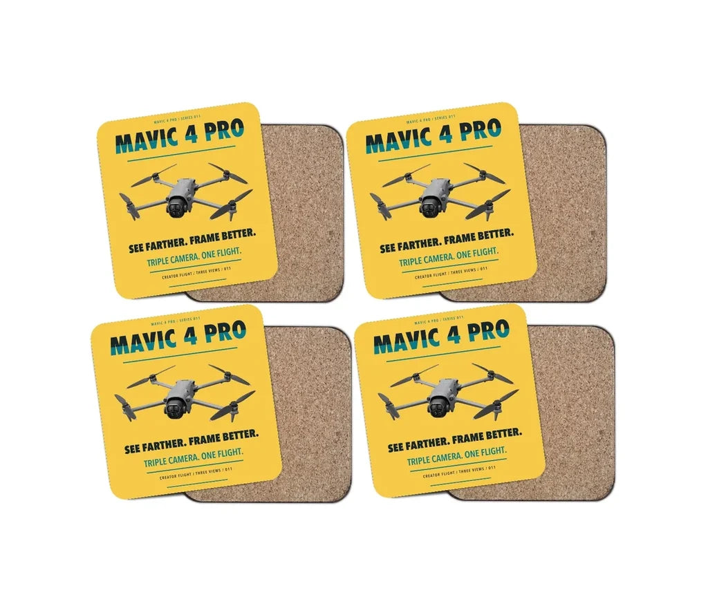 DJI Mavic 4 Pro design on yellow 4 pieces set coaster