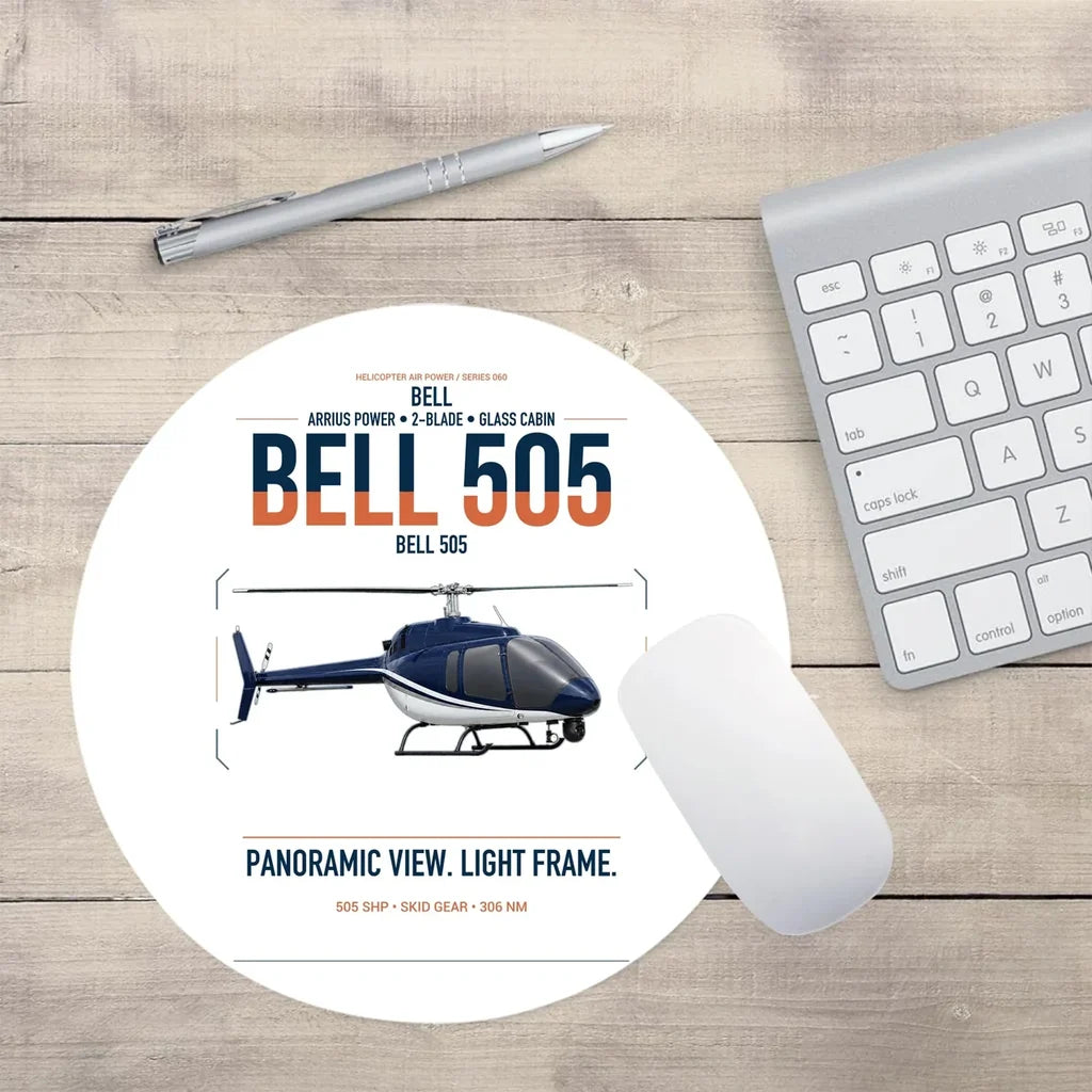 Bell 505 design on white round mouse pad