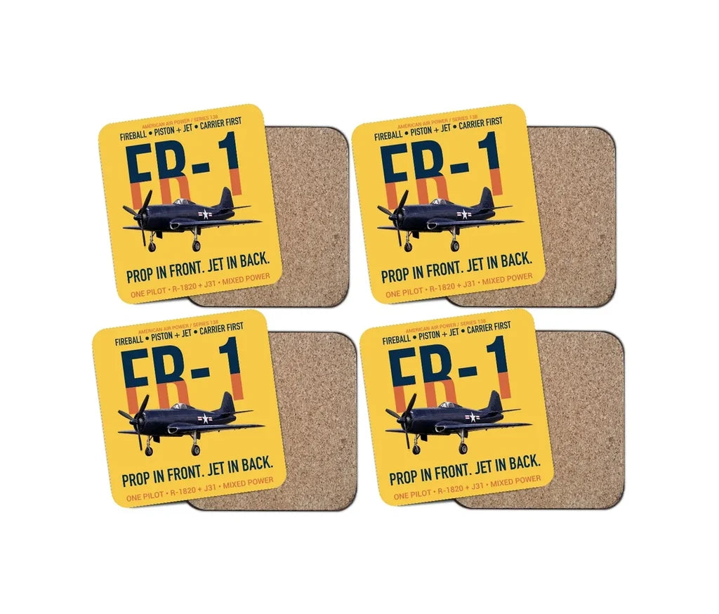 FR-1 Fireball Prop in Front Jet in Back design on yellow 4 pieces set coaster