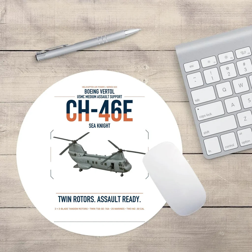 Boeing Vertol CH-46E Sea Knight design on white round mouse pad