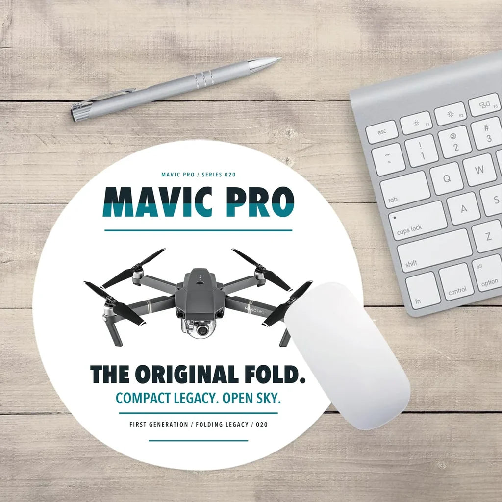 DJI Mavic Pro design on white round mouse pad