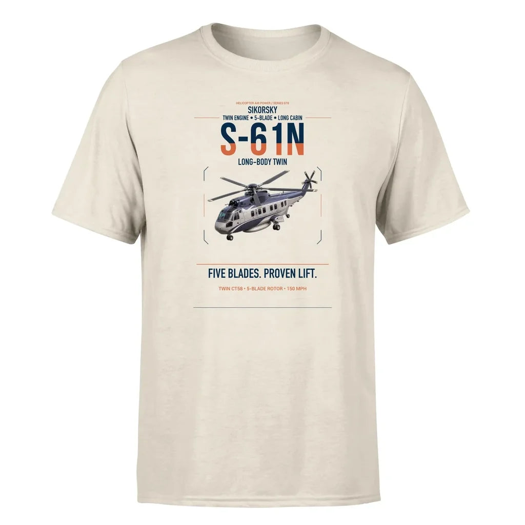 Sikorsky S-61N design on beige t-shirt, single-side print