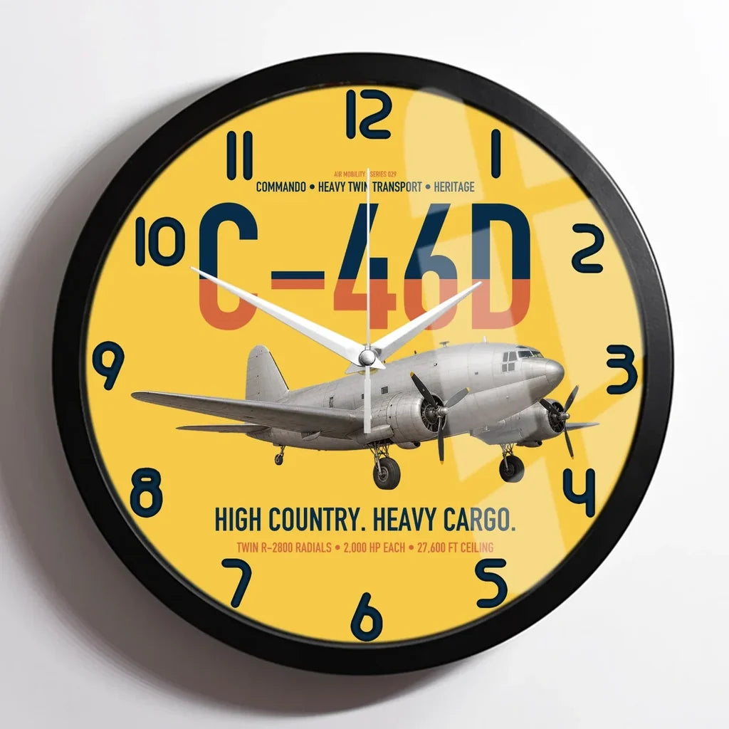 C-46D Commando design on yellow framed wall clock