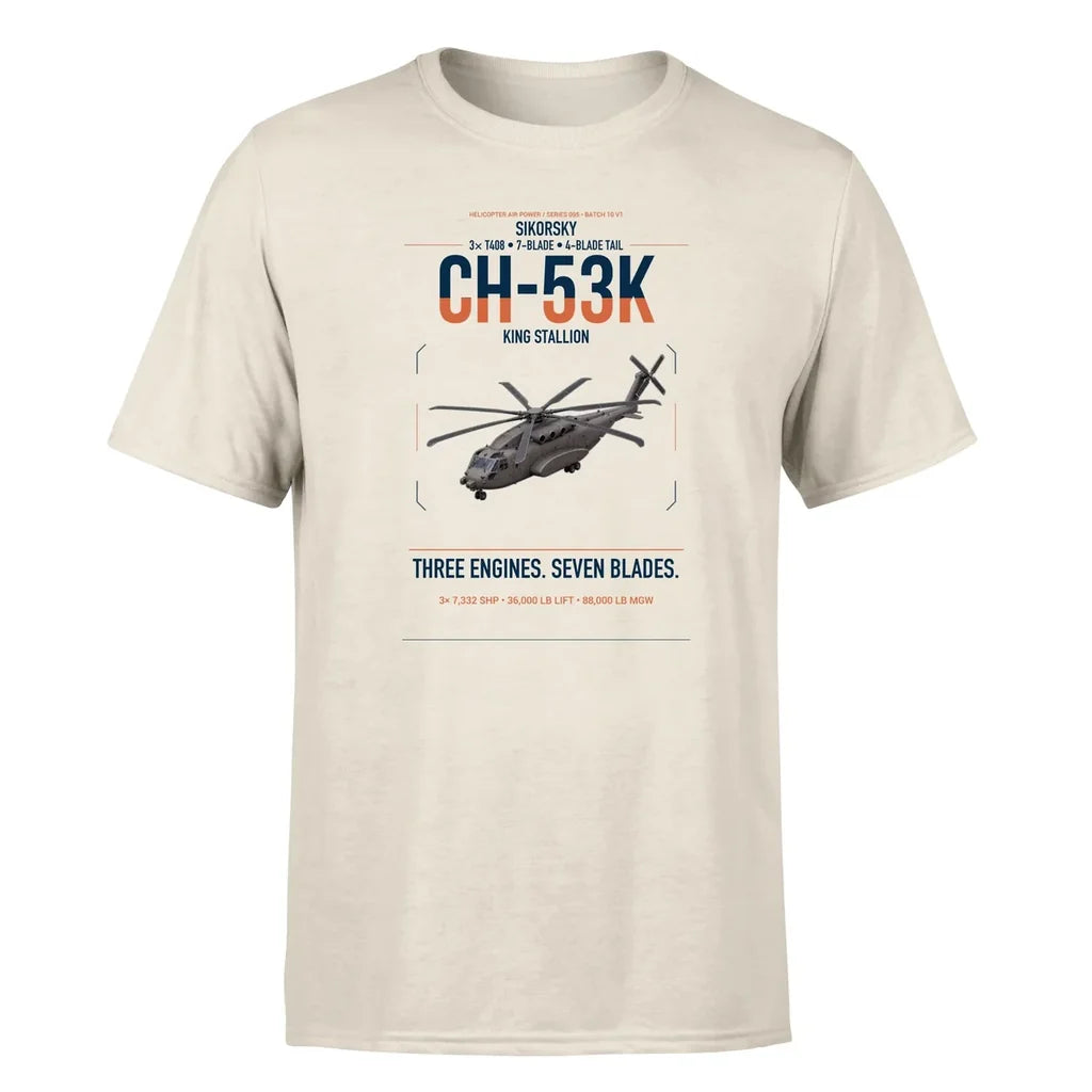 Sikorsky CH-53K King Stallion design on beige t-shirt, single-side print