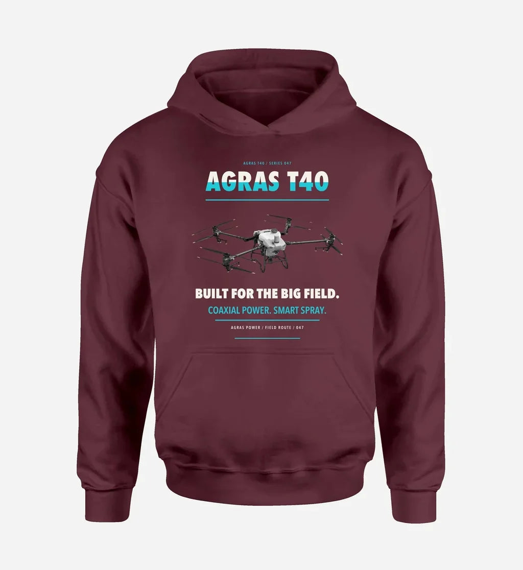DJI Agras T40 design on dark red hoodie single side