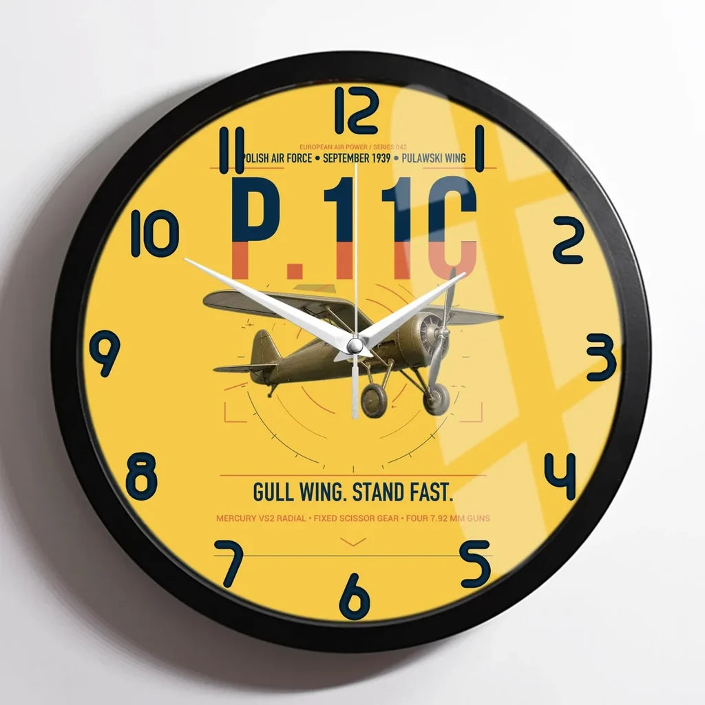 PZL P.11c design on yellow framed wall clock