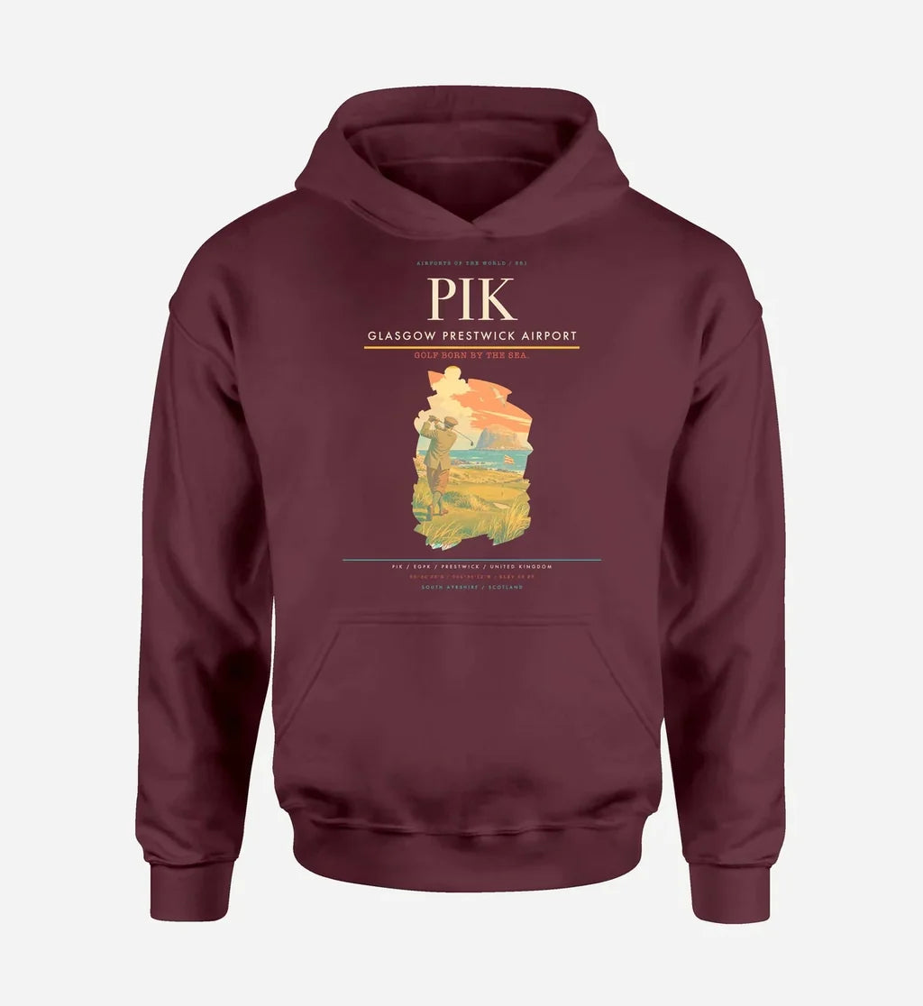 Glasgow Prestwick Airport (PIK) design on dark red hoodie single-side print