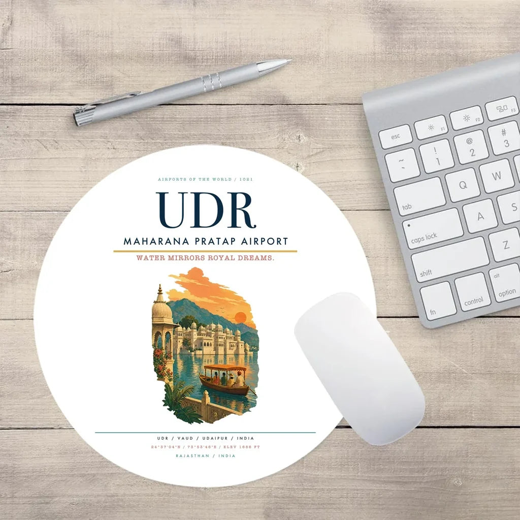 Maharana Pratap Airport (UDR) design on white round mouse pad