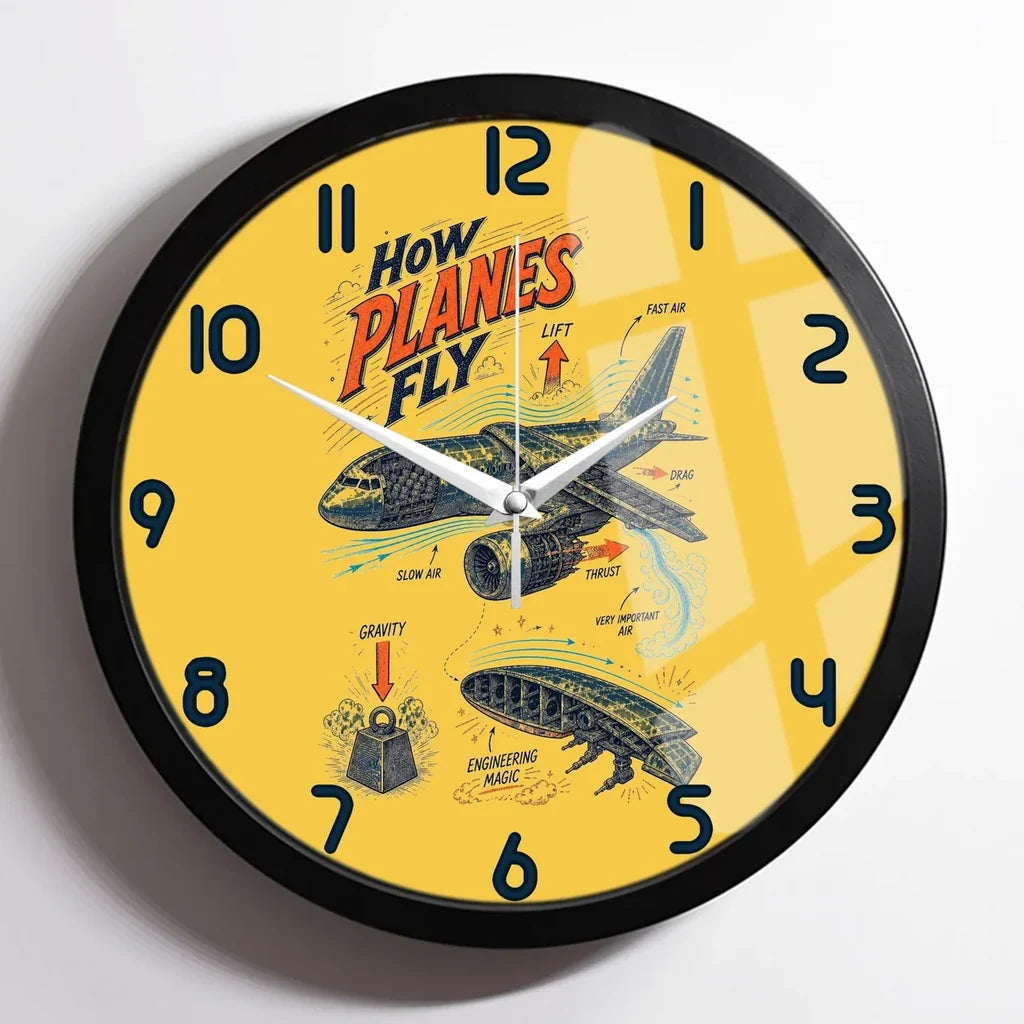 How Planes Fly V2 design on yellow framed wall clock