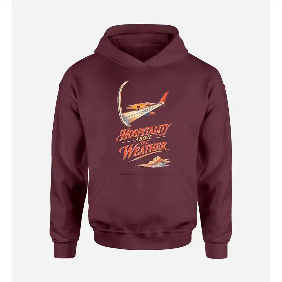 SIGNAL 592 - Hospitality Above The Weather design on dark red hoodie single side