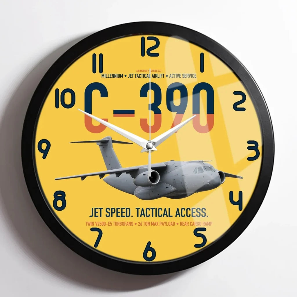 C-390 Millennium design on yellow framed wall clock