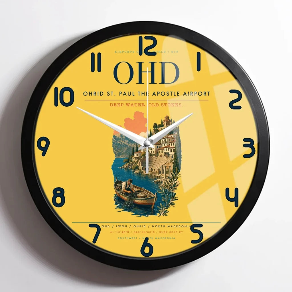 Ohrid St. Paul the Apostle Airport (OHD) design on yellow framed wall clock
