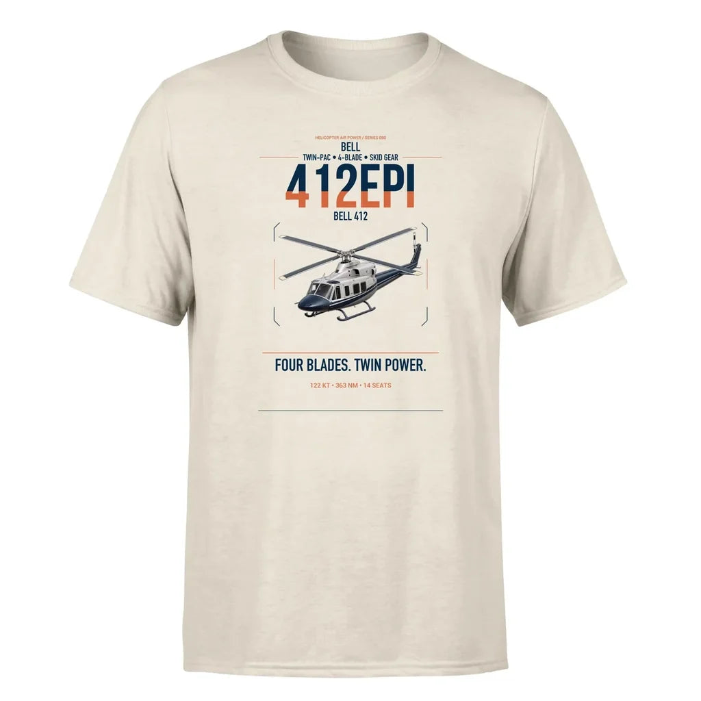 Bell 412EPI design on beige t-shirt, single-side print