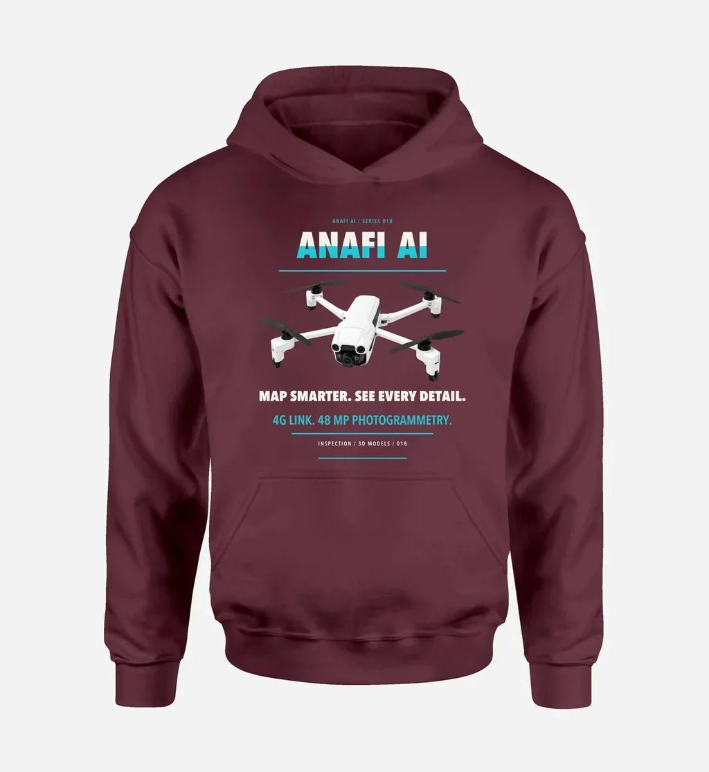 Parrot ANAFI Ai design on dark red hoodie single side