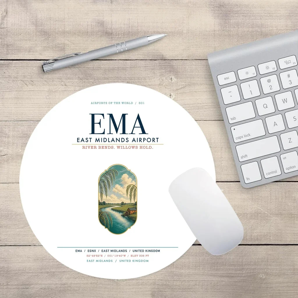 East Midlands Airport (EMA) design on white round mouse pad